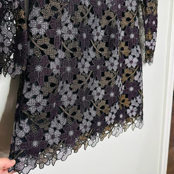 CYNTHIA ROWLEY Linden Purple Black Lace Floral Bell Sleeves Mini Dress Size 4 - Picture 9 of 13